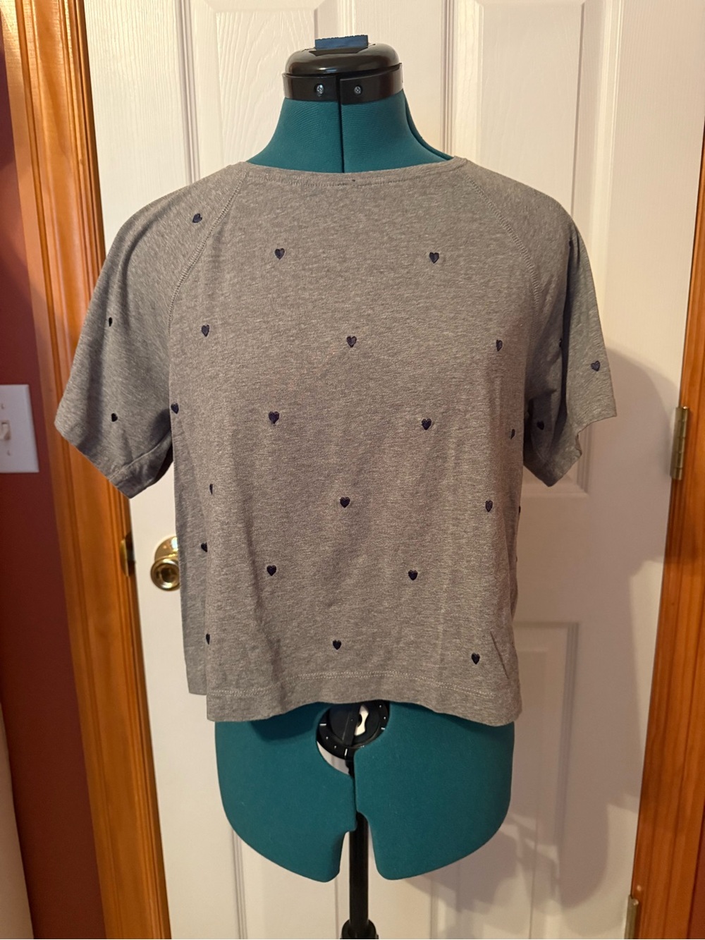 J Crew Gray embroidered Heart-Print Short Sleeve Top